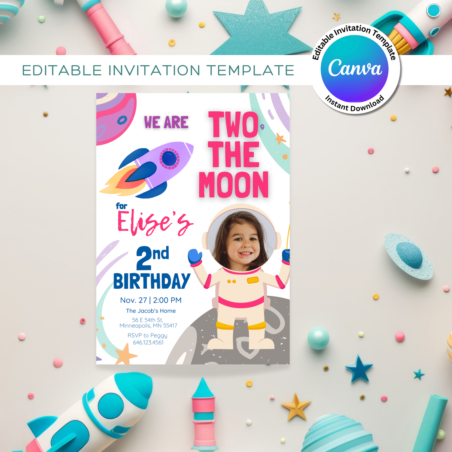 Two The Moon Astronaut Birthday Digital Photo Invitation Template