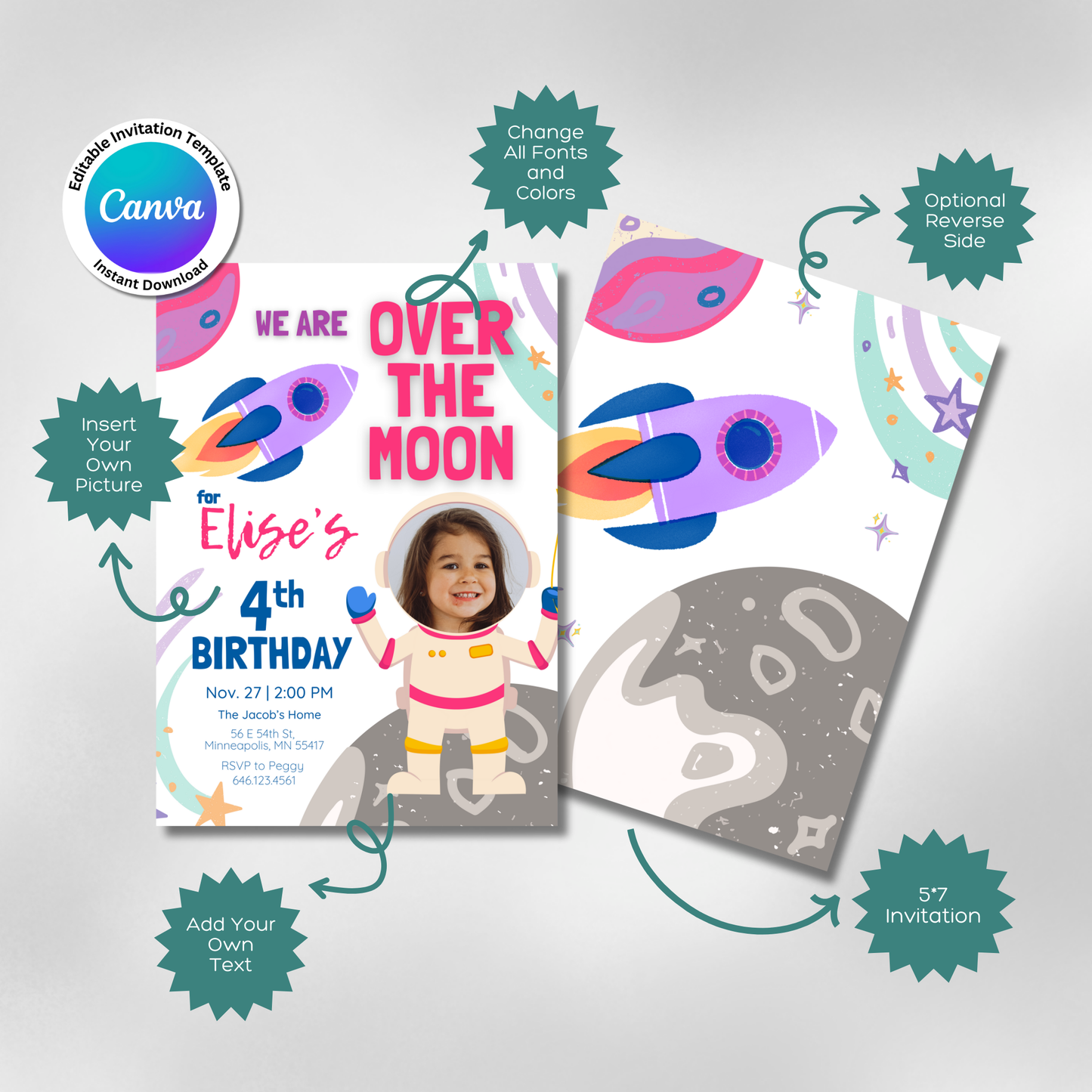 Over The Moon Astronaut Birthday Digital Photo Invitation Template