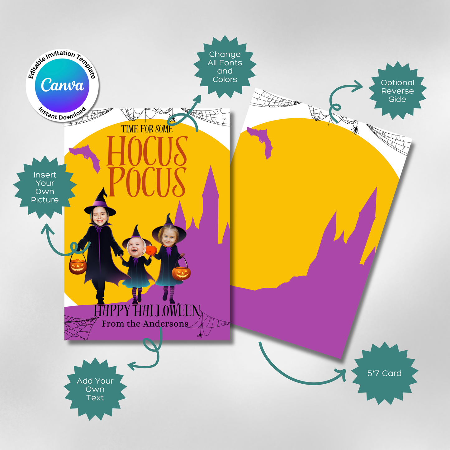 It's time for some Hocus Pocus Halloween Photo Card Template in Canva