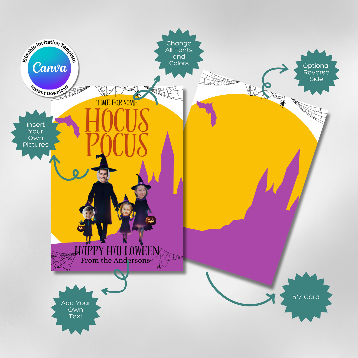 It's time for some Hocus Pocus Halloween Photo Card Template in Canva