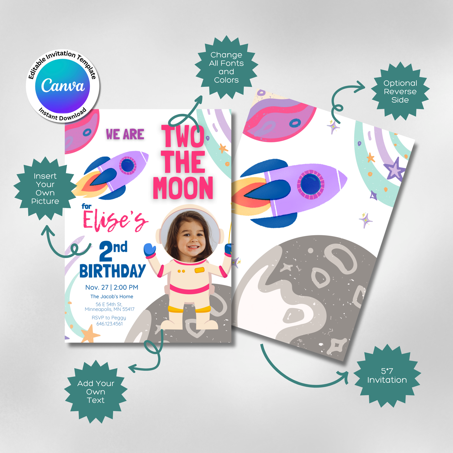 Two The Moon Astronaut Birthday Digital Photo Invitation Template