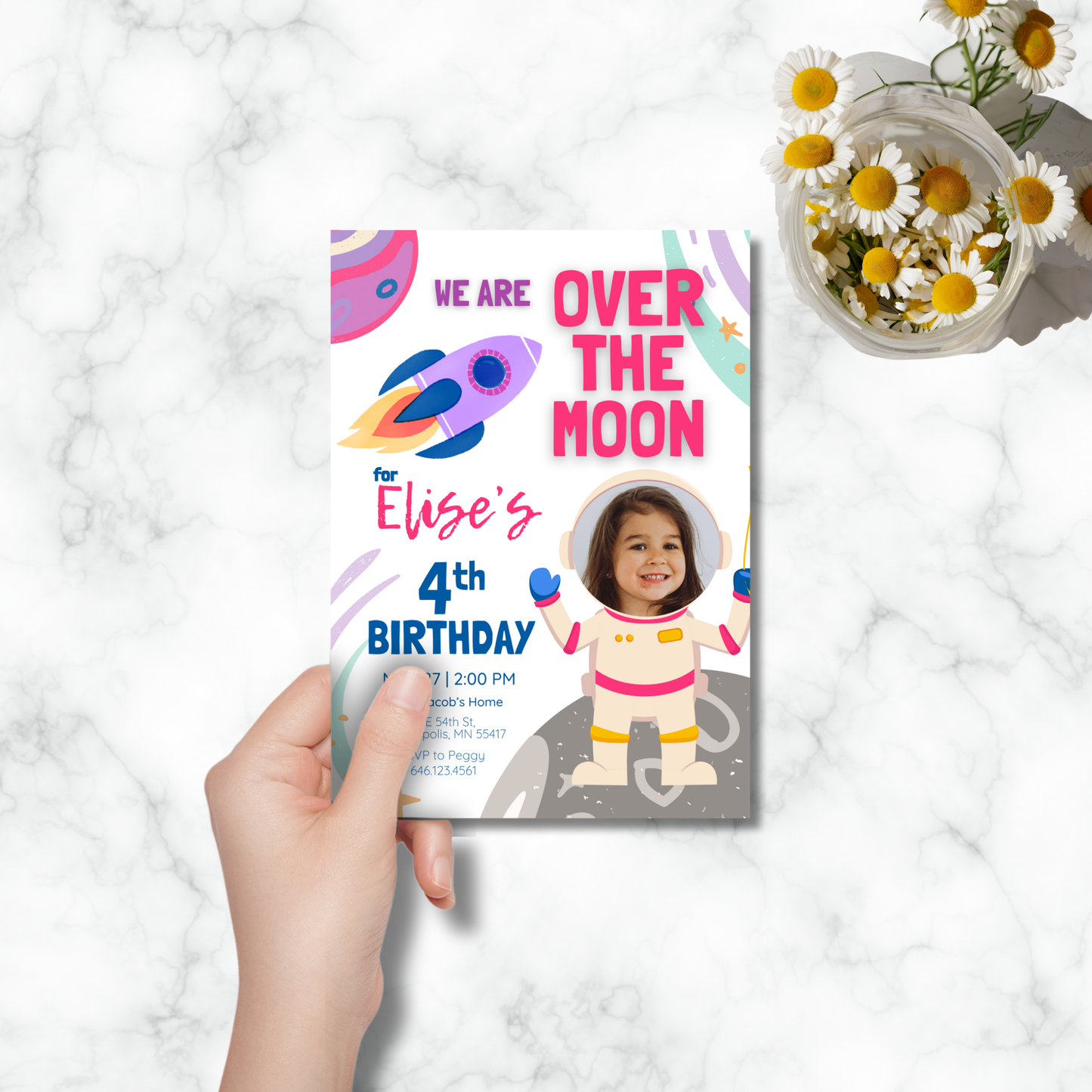 Over The Moon Astronaut Birthday Digital Photo Invitation Template