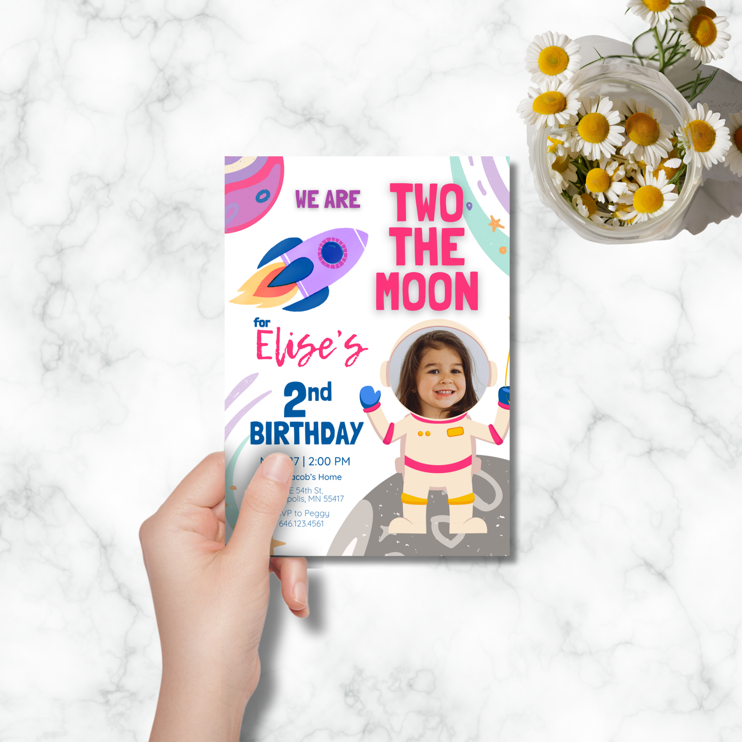 Two The Moon Astronaut Birthday Digital Photo Invitation Template