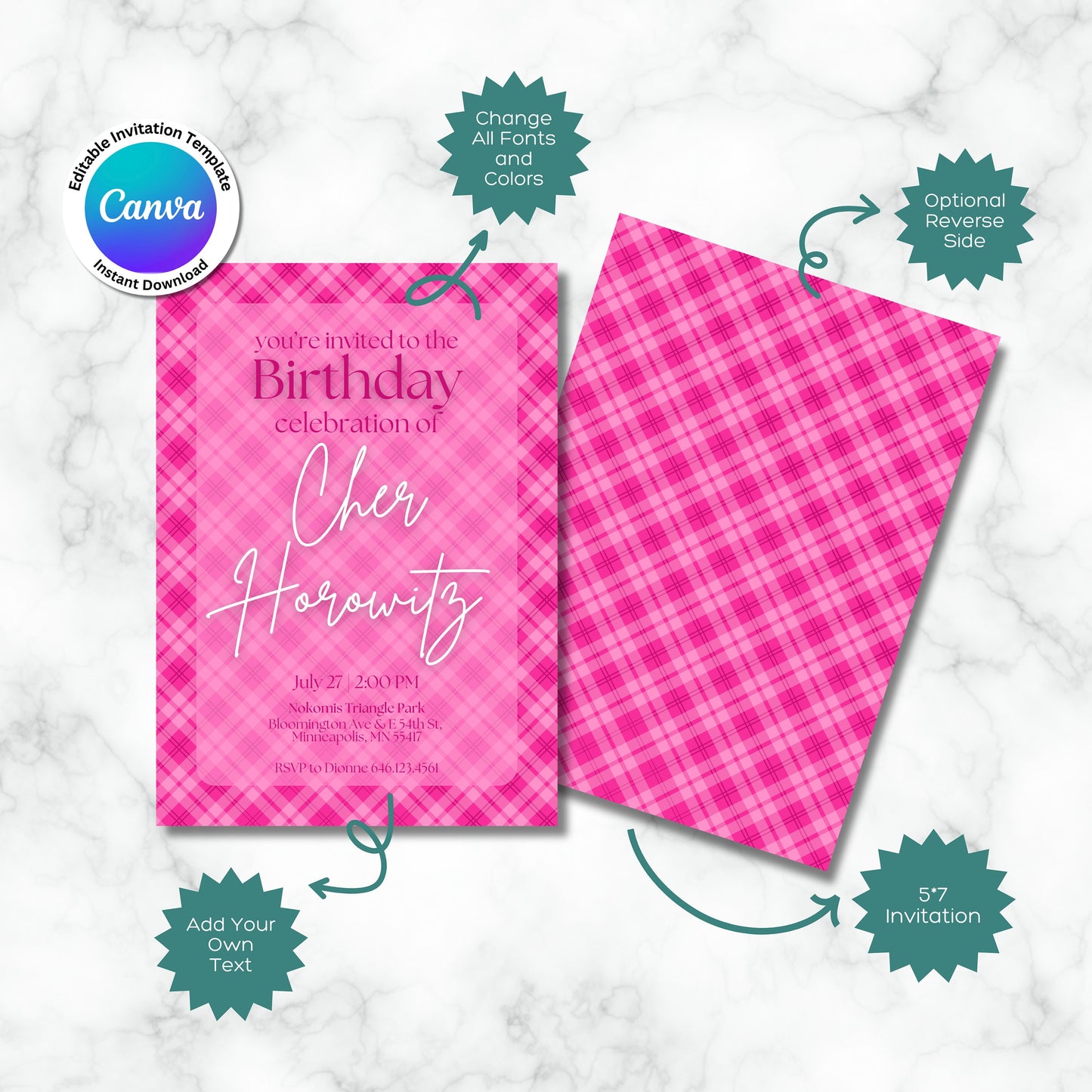 90s Vibes Pink Plaid Birthday Invitation Template, Editable Template Retro Birthday Invitation in Canva, Clueless Movie Birthday