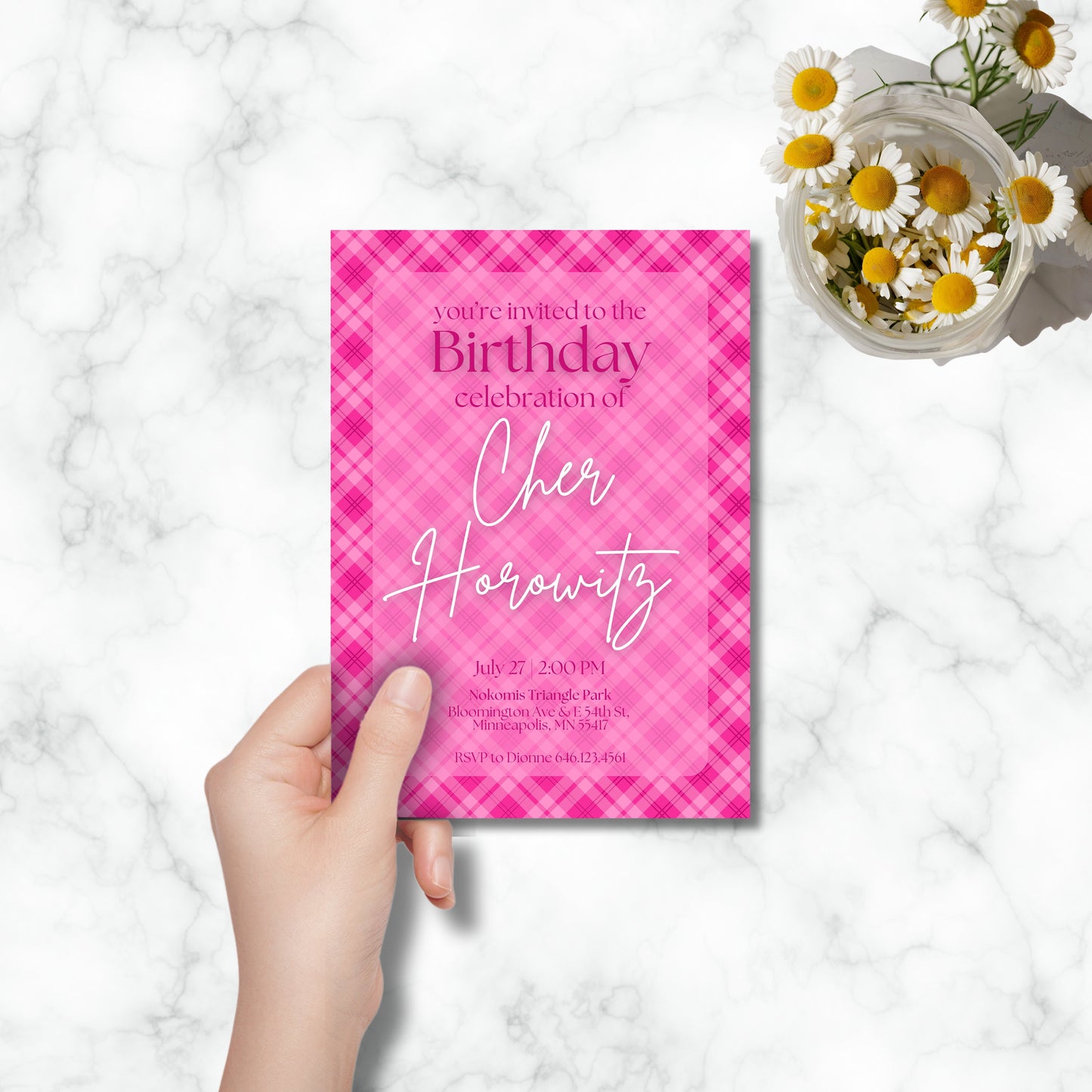 90s Vibes Pink Plaid Birthday Invitation Template, Editable Template Retro Birthday Invitation in Canva, Clueless Movie Birthday