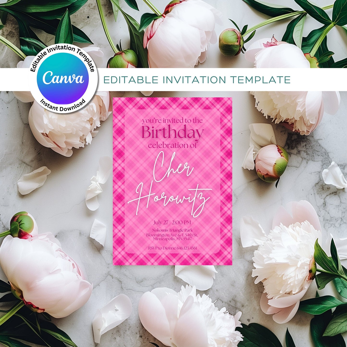 90s Vibes Pink Plaid Birthday Invitation Template, Editable Template Retro Birthday Invitation in Canva, Clueless Movie Birthday