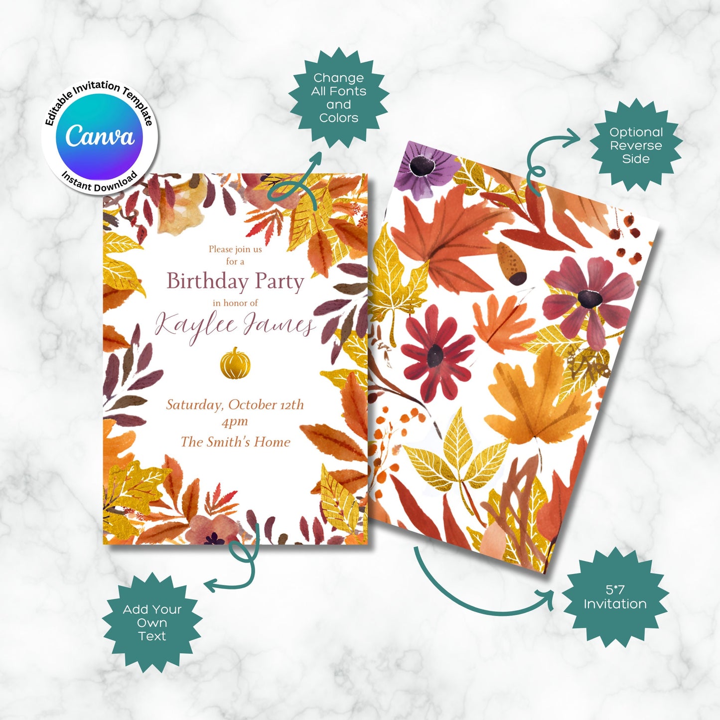 Golden Fall Birthday Party Invitation Template Editable Canva Download, Autumn Watercolor Leaves, Gold Pumpkin, Customizable Invite Design