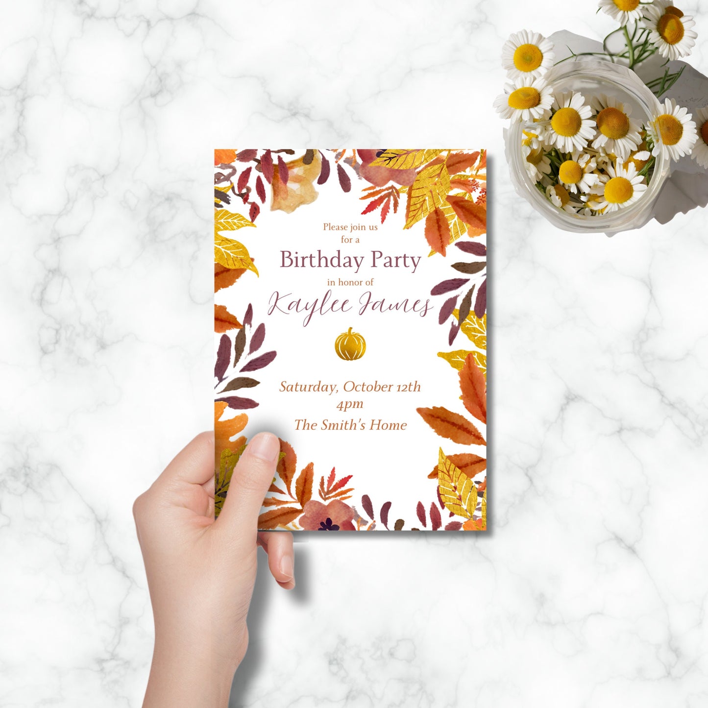 Golden Fall Birthday Party Invitation Template Editable Canva Download, Autumn Watercolor Leaves, Gold Pumpkin, Customizable Invite Design