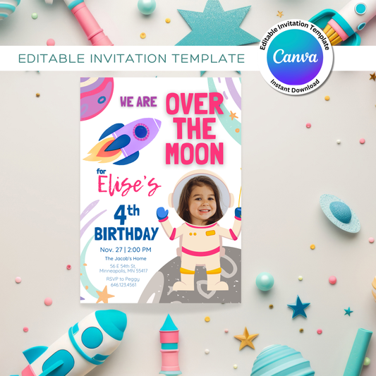 Over The Moon Astronaut Birthday Digital Photo Invitation Template