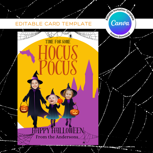 It's time for some Hocus Pocus Halloween Photo Card Template in Canva