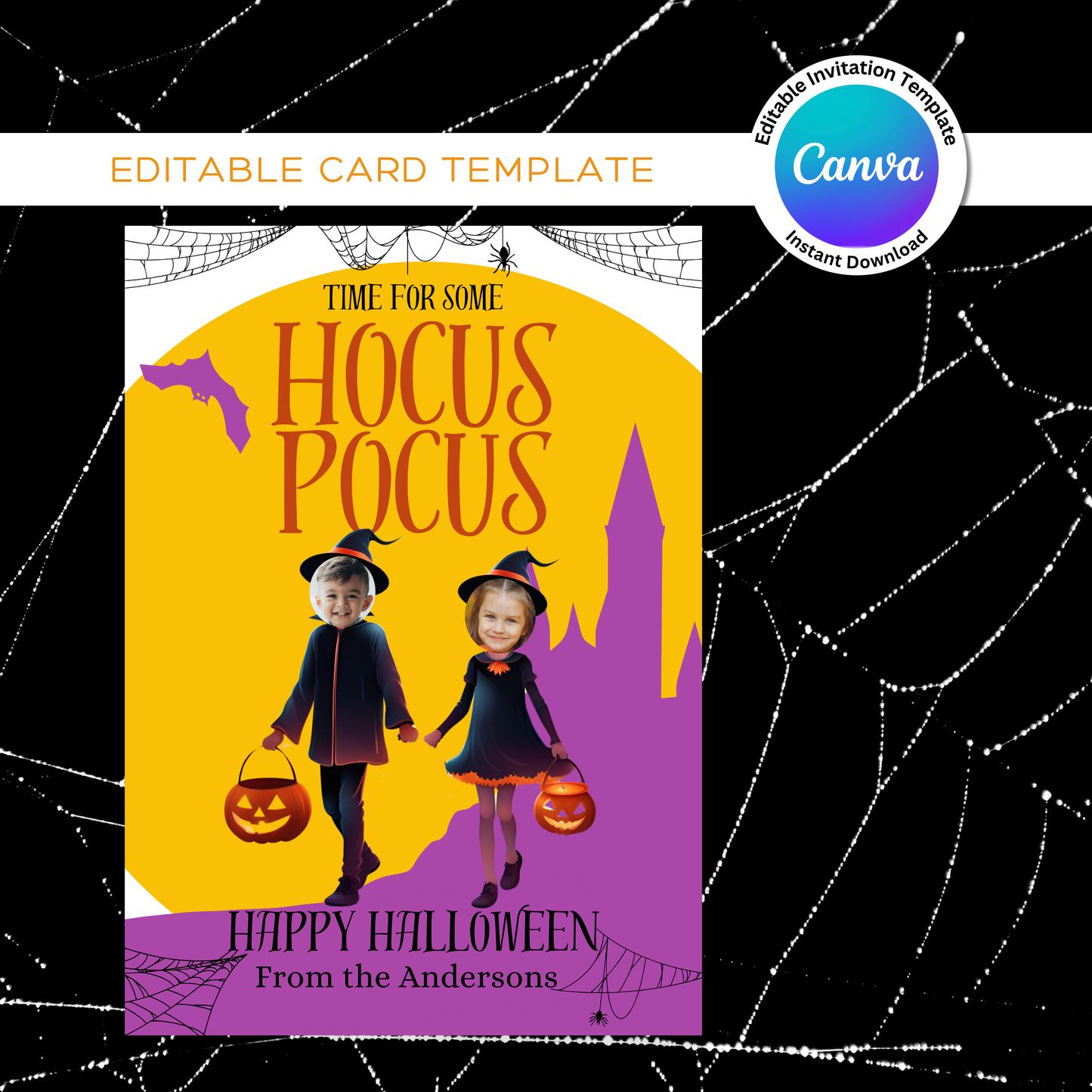 It's time for some Hocus Pocus Halloween Photo Card Template in Canva