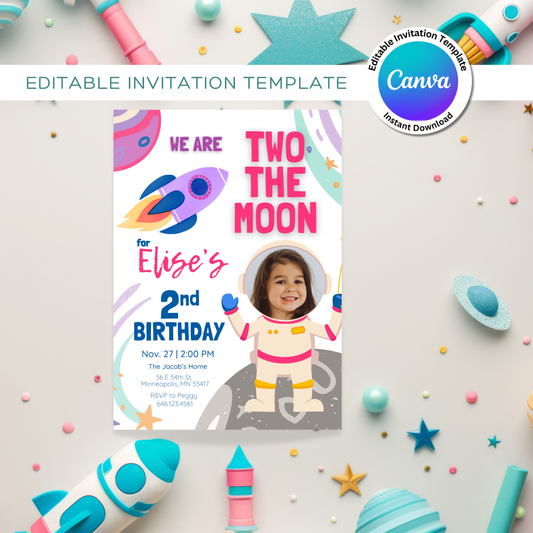 Two The Moon Astronaut Birthday Digital Photo Invitation Template