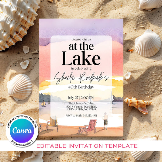At the Lake Coastal Sunset Birthday Invitation Template, Lake Life Invitation, Lake Party Invitation, Lake Birthday, Beach Birthday, Coastal