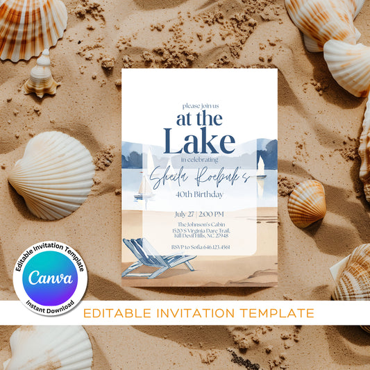 At the Lake Coastal Birthday Invitation Template, Lake Life Invitation, Lake Party Invitation, Lake Birthday, Beach Birthday, Coastal Blue