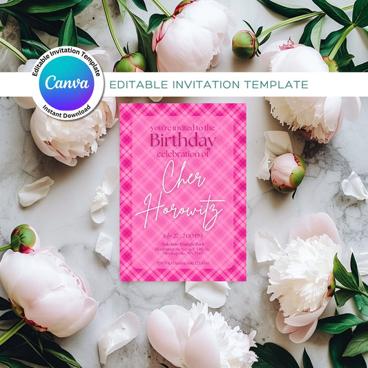 90s Vibes Pink Plaid Birthday Invitation Template, Editable Template Retro Birthday Invitation in Canva, Clueless Movie Birthday