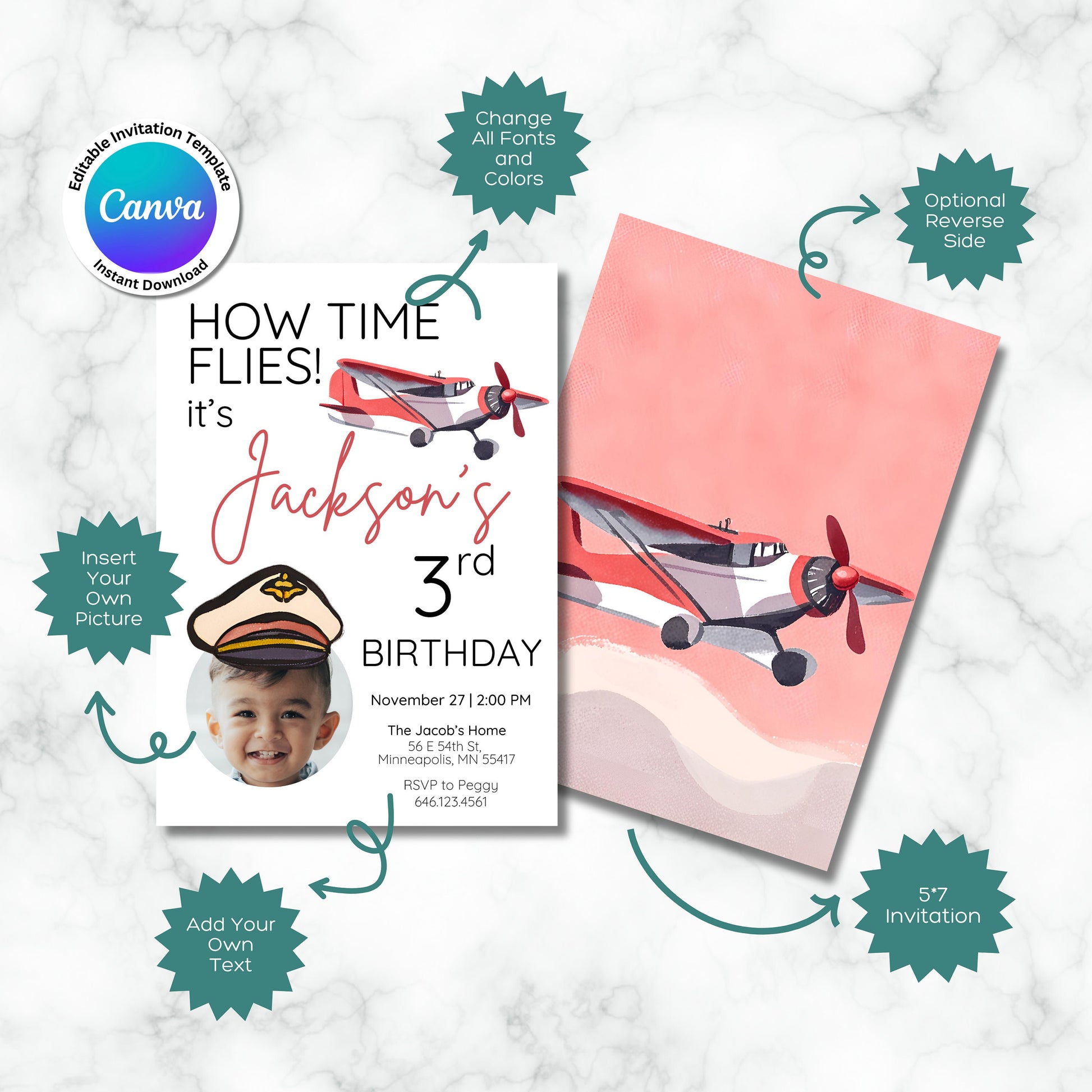 Airplane Birthday Digital Photo Invitation Template, How Time Flies Birthay Party Theme, Editable Digital Invitation Template in Canva