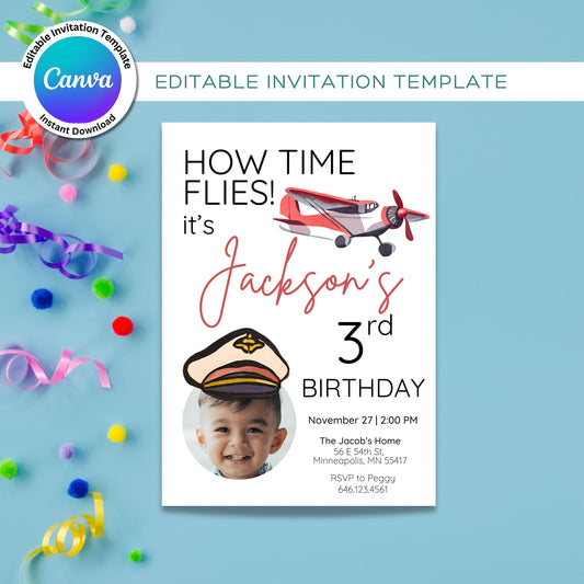 Airplane Birthday Digital Photo Invitation Template, How Time Flies Birthay Party Theme, Editable Digital Invitation Template in Canva