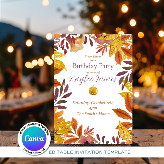 Golden Fall Birthday Party Invitation Template Editable Canva Download, Autumn Watercolor Leaves, Gold Pumpkin, Customizable Invite Design