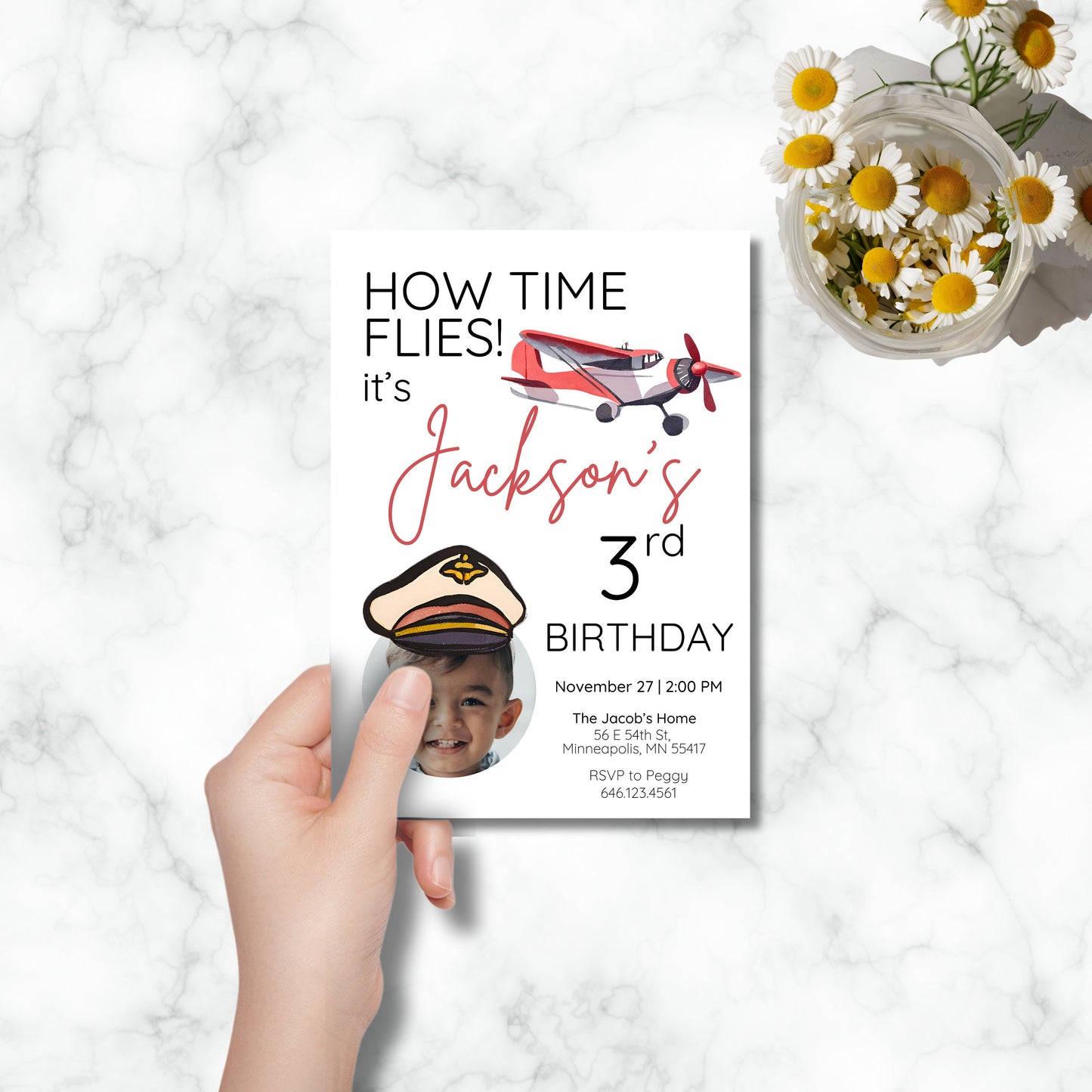 Airplane Birthday Digital Photo Invitation Template, How Time Flies Birthay Party Theme, Editable Digital Invitation Template in Canva