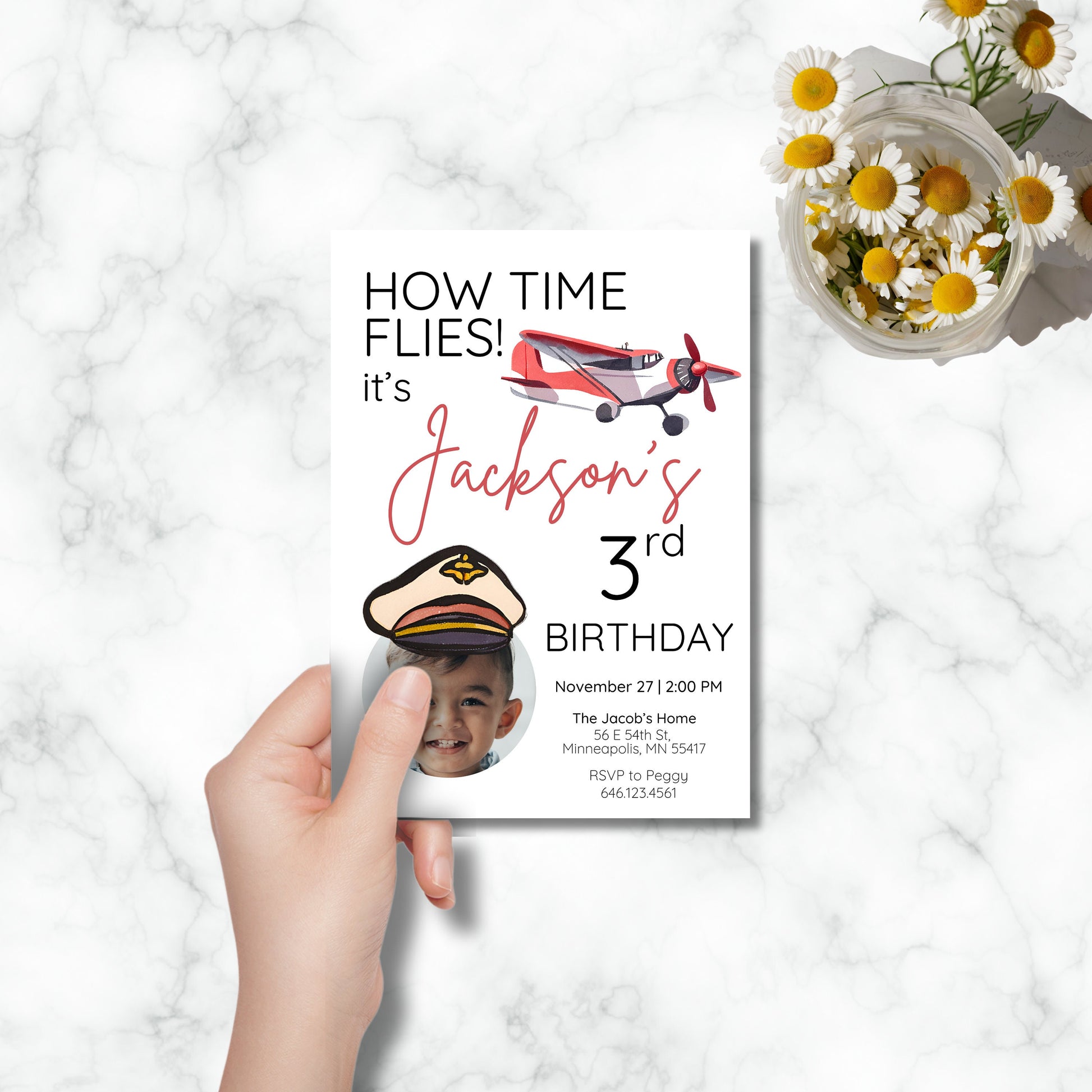 Airplane Birthday Digital Photo Invitation Template, How Time Flies Birthay Party Theme, Editable Digital Invitation Template in Canva