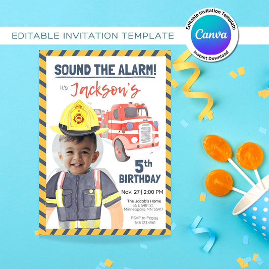 Fire Fighter Birthday Invitation Template - Sound the Alarm Firetruck Theme, Customizable Photo, Editable in Canva, 5"x7" Digital Download